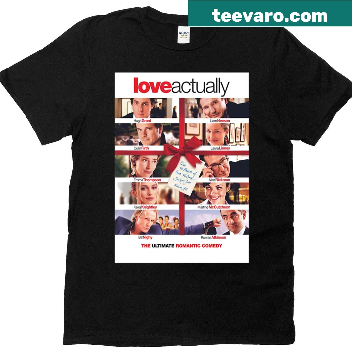 Playful Love Actually themed T-shirt with movie quotes — on a men's t-shirt