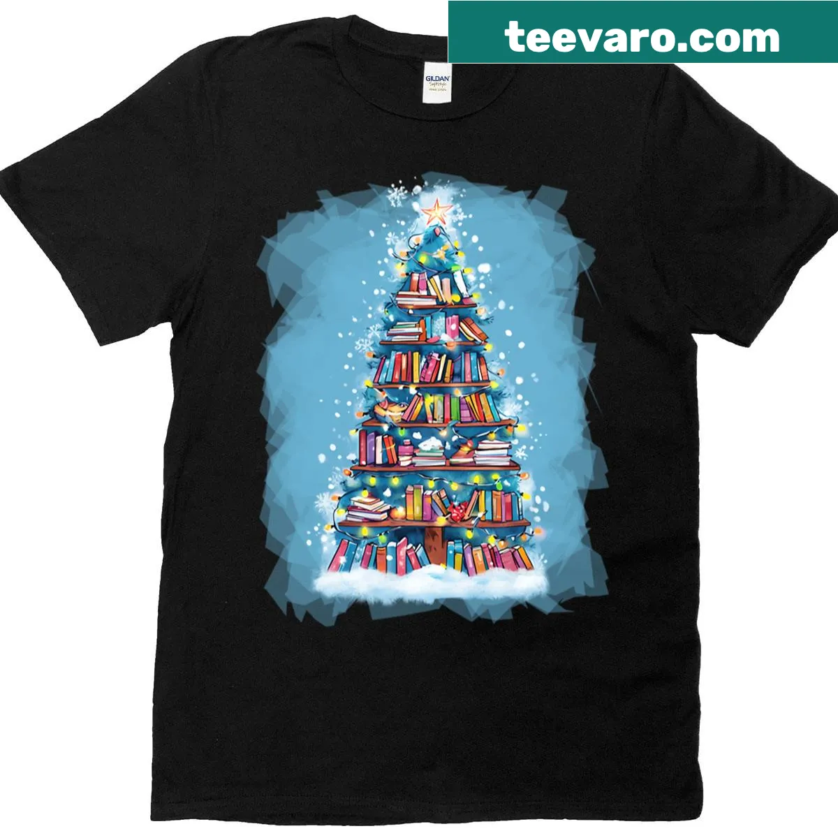 Whimsical illustration celebrating Christmas books on a T-shirt — on a men's t-shirt