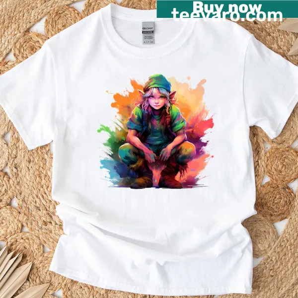 Whimsical graphic of a festive elf on T-shirt