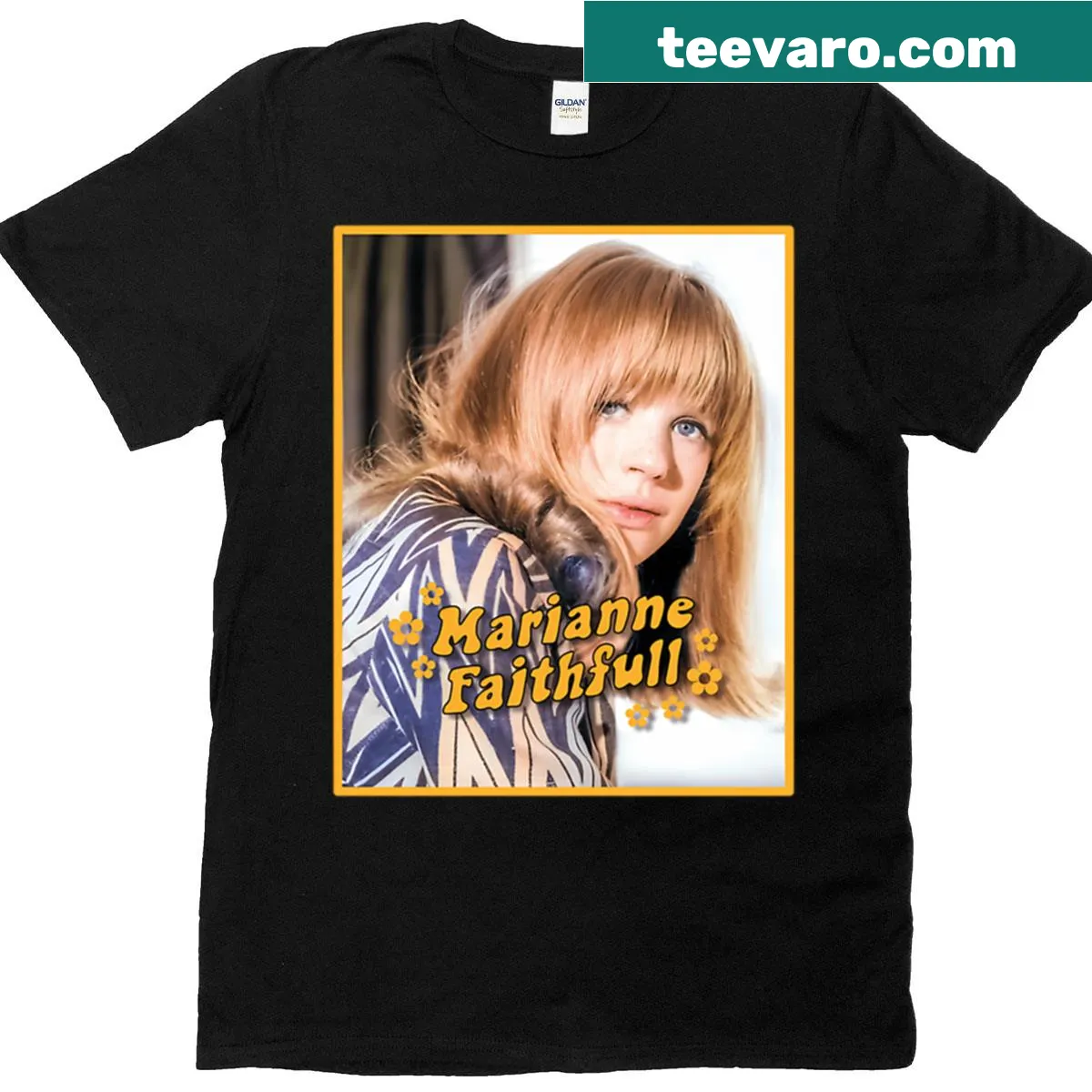 T-shirt featuring a graphic tribute to Marianne Faithfull — on a men's t-shirt