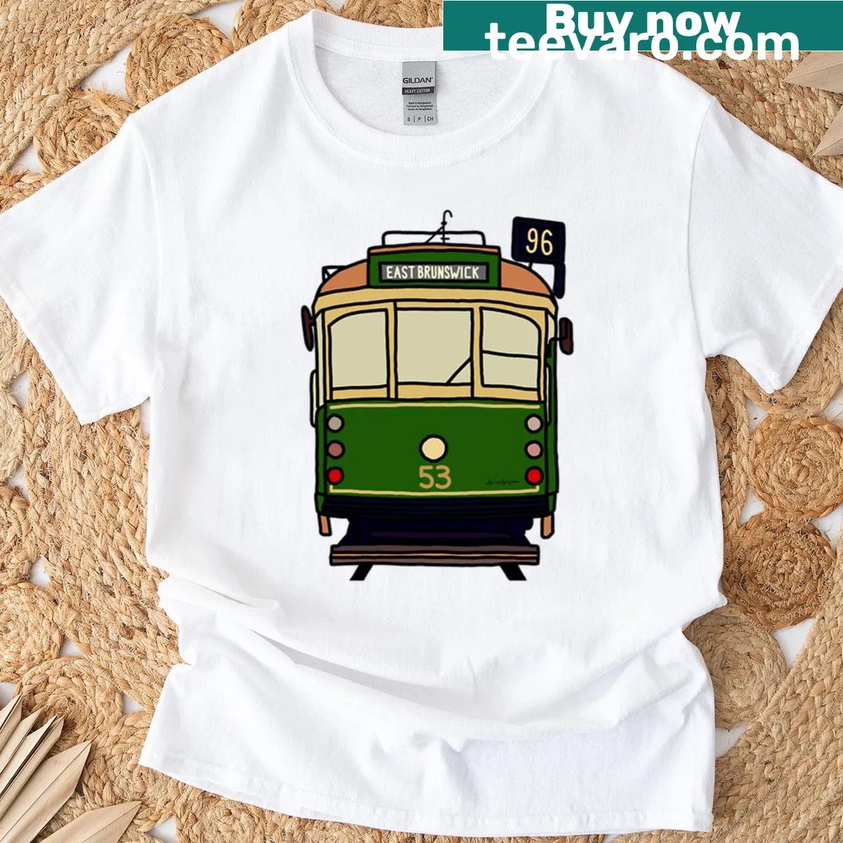 Melbourne Tram No96 t-shirt featuring detailed tram illustration — on a men's t-shirt