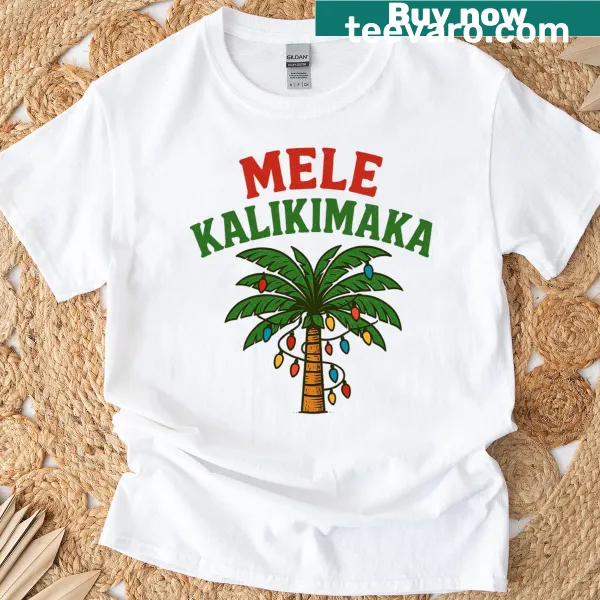Hawaiian Christmas tee with palm tree lights and Mele Kalikimaka text