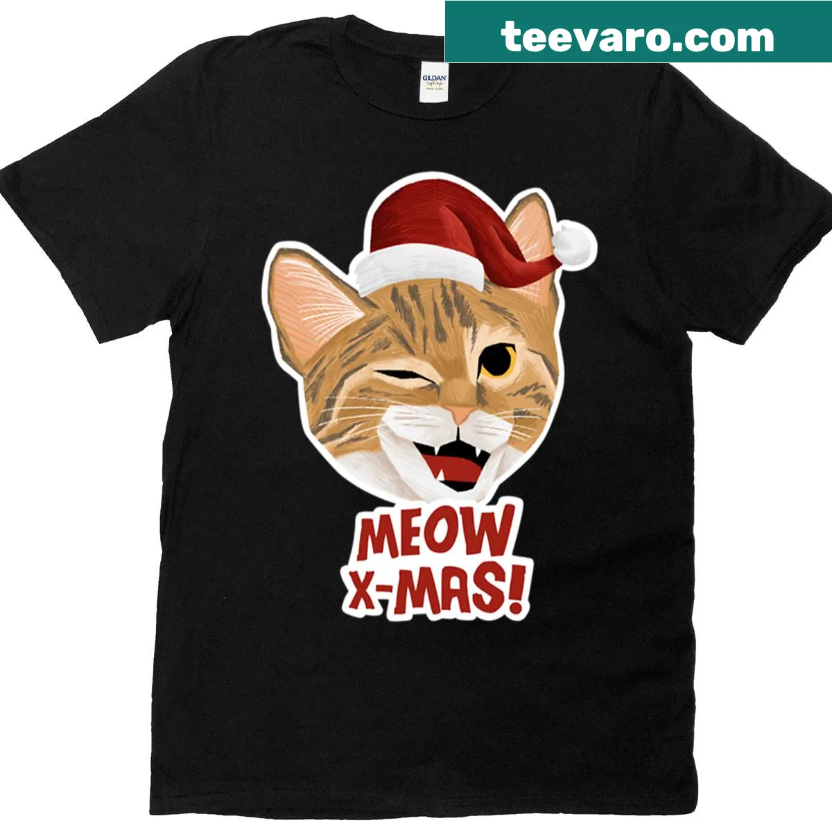 Cute Christmas cat with Santa hat illustration on T-shirt — on a men's t-shirt