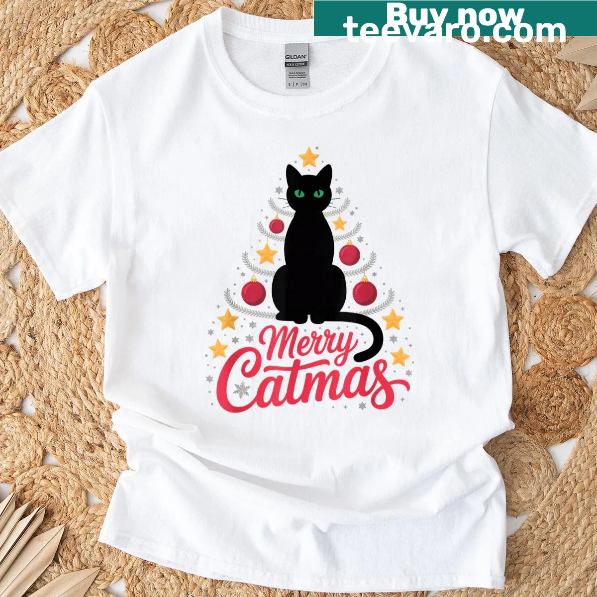 Adorable Merry Catmas T-shirt with cat and Christmas tree illustration — on a men's t-shirt