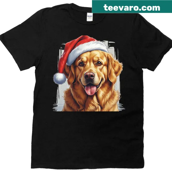 Christmas shirt featuring a golden retriever in holiday attire.