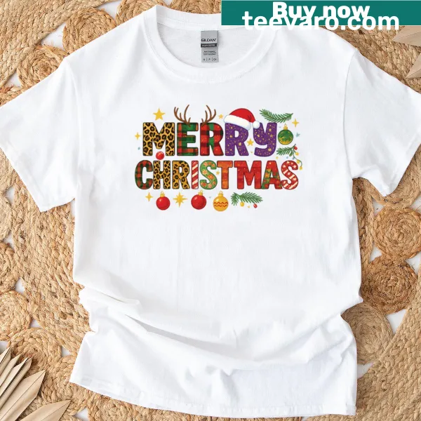 Merry Christmas T-shirt with leopard plaid and Santa hat typography design