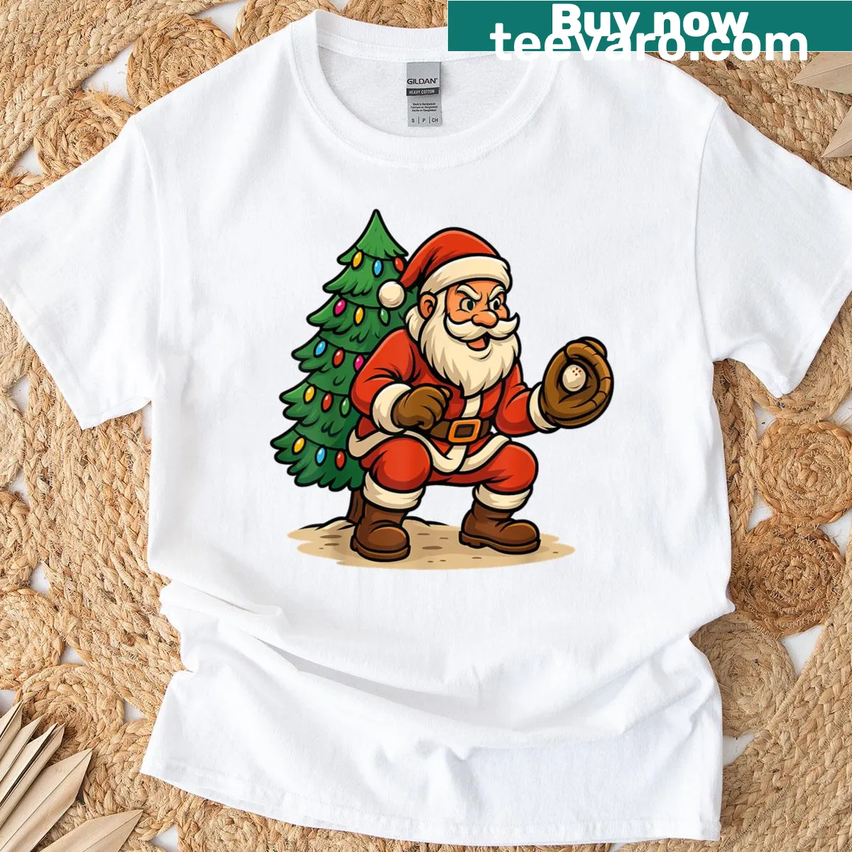 Santa Claus as a catcher surrounded by Christmas lights on a t-shirt — on a men's t-shirt