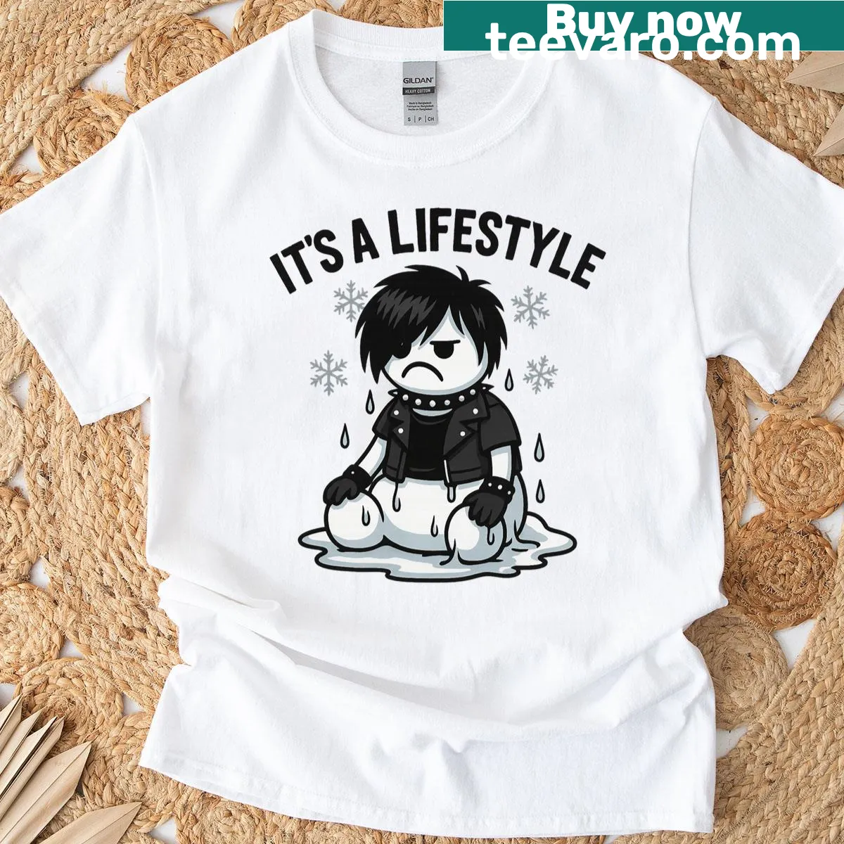 Goth-inspired Merry Emo Christmas T-shirt featuring a sad snowman graphic — on a men's t-shirt