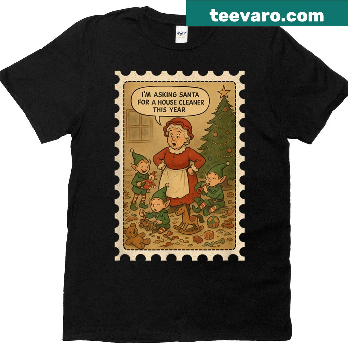 Cartoonish T-shirt with messy elves preparing for Christmas — on a men's t-shirt
