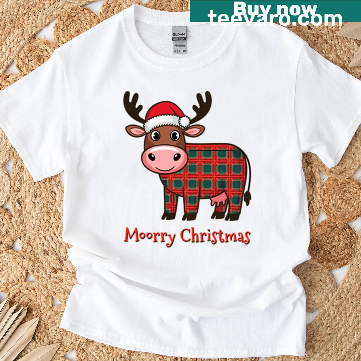 Christmas-themed plaid cow graphic on T-shirt — on a men's t-shirt