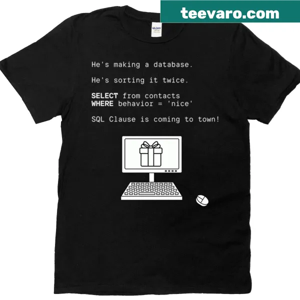 Funny SQL Santa Claus cartoon design on Christmas T-shirt