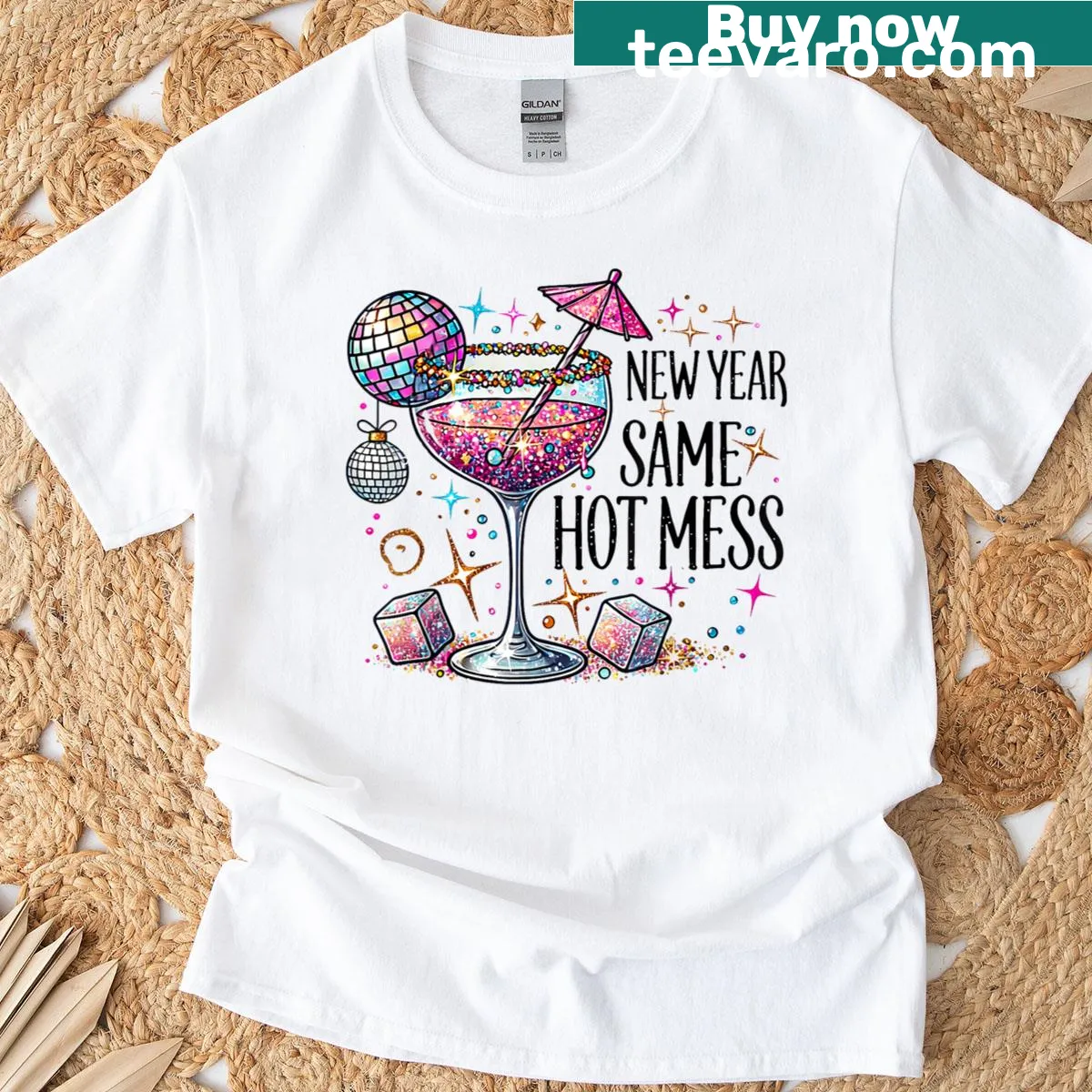 New Year Same Hot Retro Mess t-shirt with playful typography — on a men's t-shirt