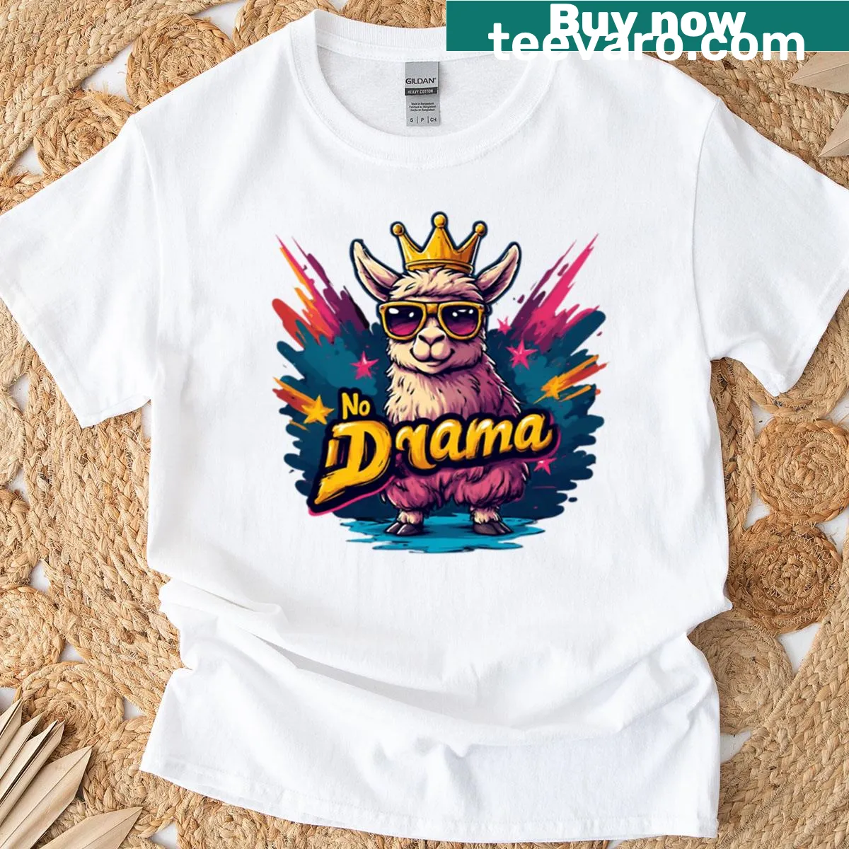 Funny T-shirt featuring a crowned llama wearing sunglasses — on a men's t-shirt