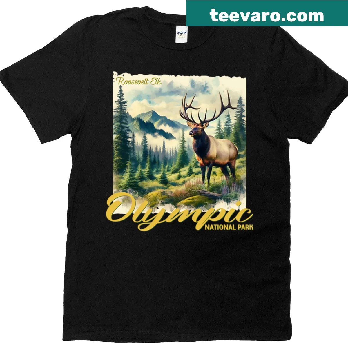 Nature-themed shirt depicting Olympic National Park scenery — on a men's t-shirt