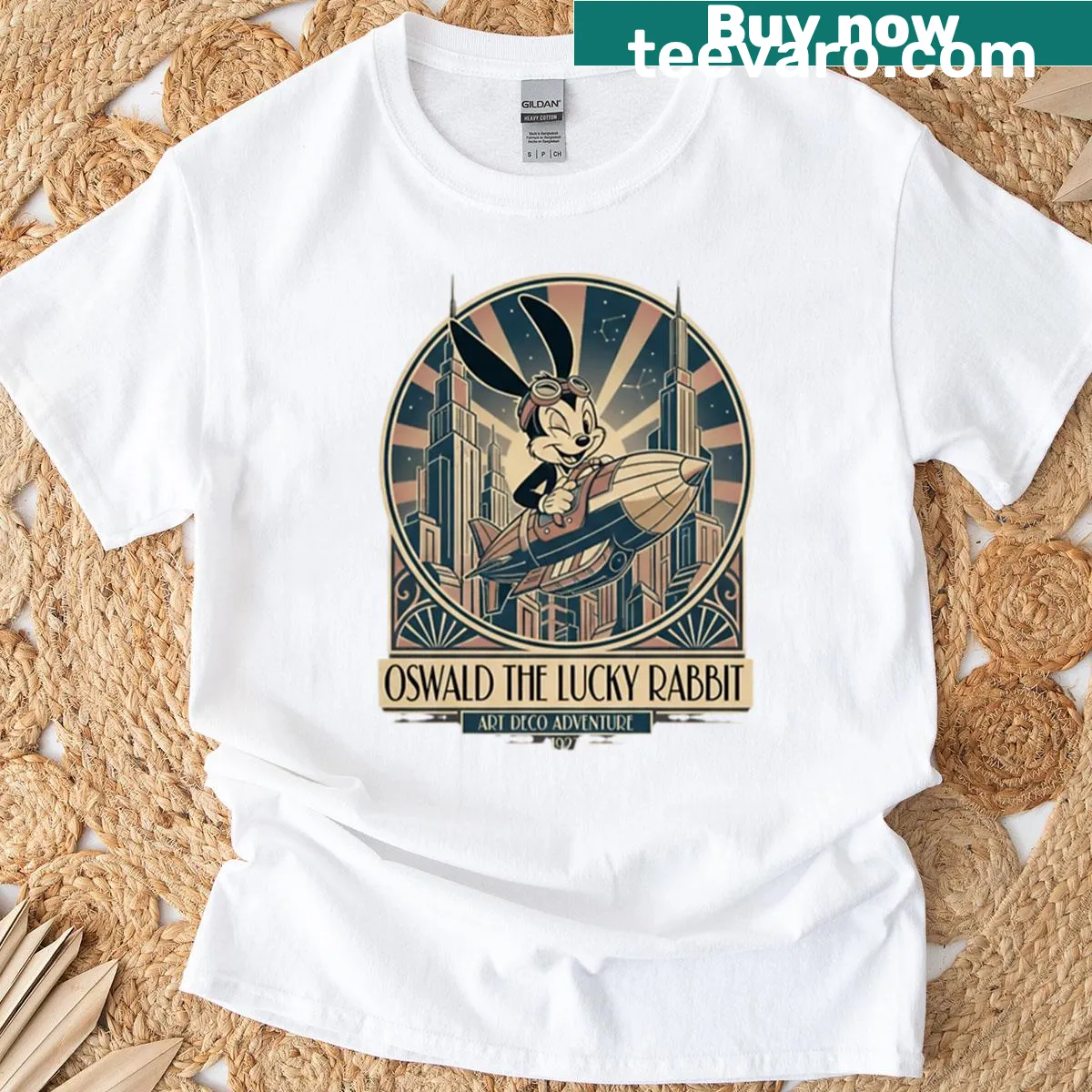 Oswald the Lucky Rabbit t-shirt with Art Deco cityscape illustration — on a men's t-shirt