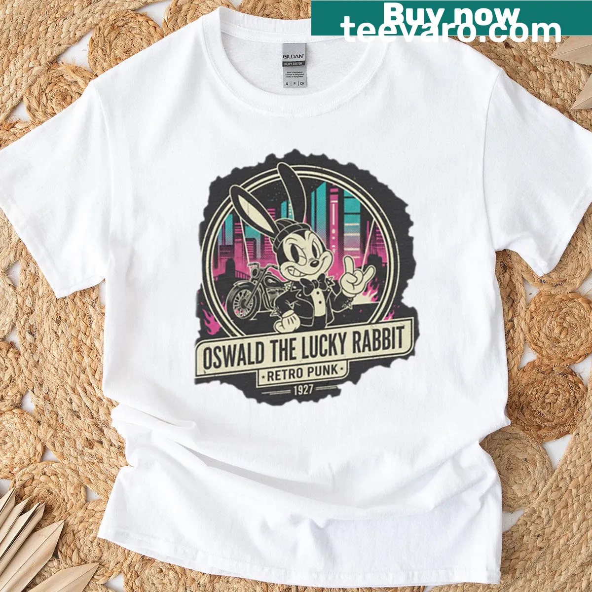 Retro punk style Oswald the Lucky Rabbit design on T-shirt — on a men's t-shirt