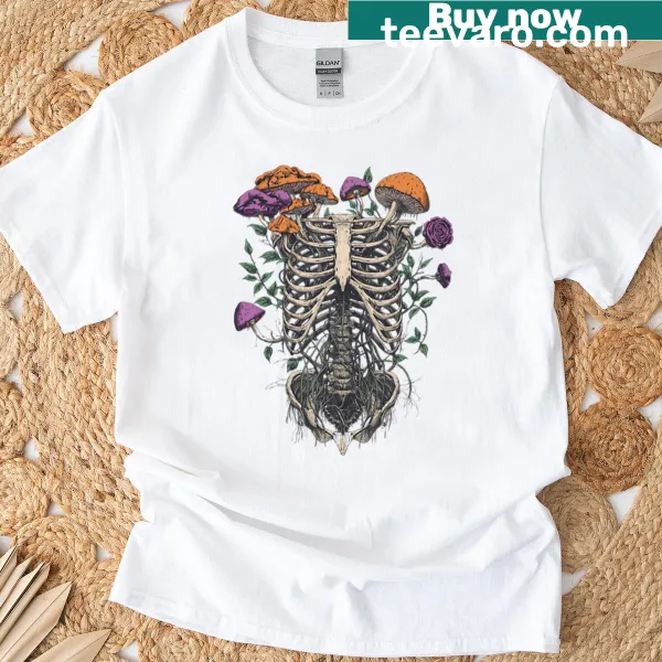 Whimsical overgrown skeleton graphic on a t-shirt