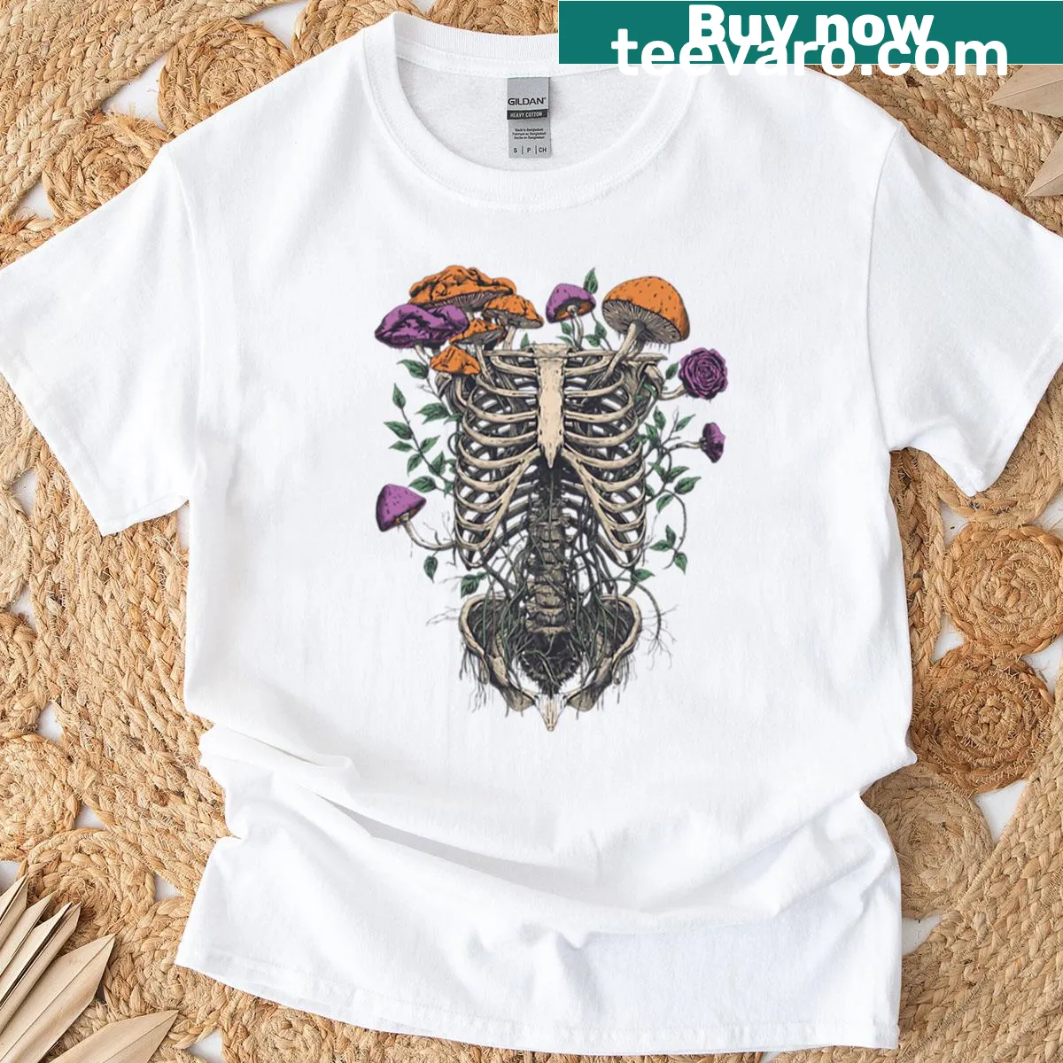 Whimsical overgrown skeleton graphic on a t-shirt — on a men's t-shirt