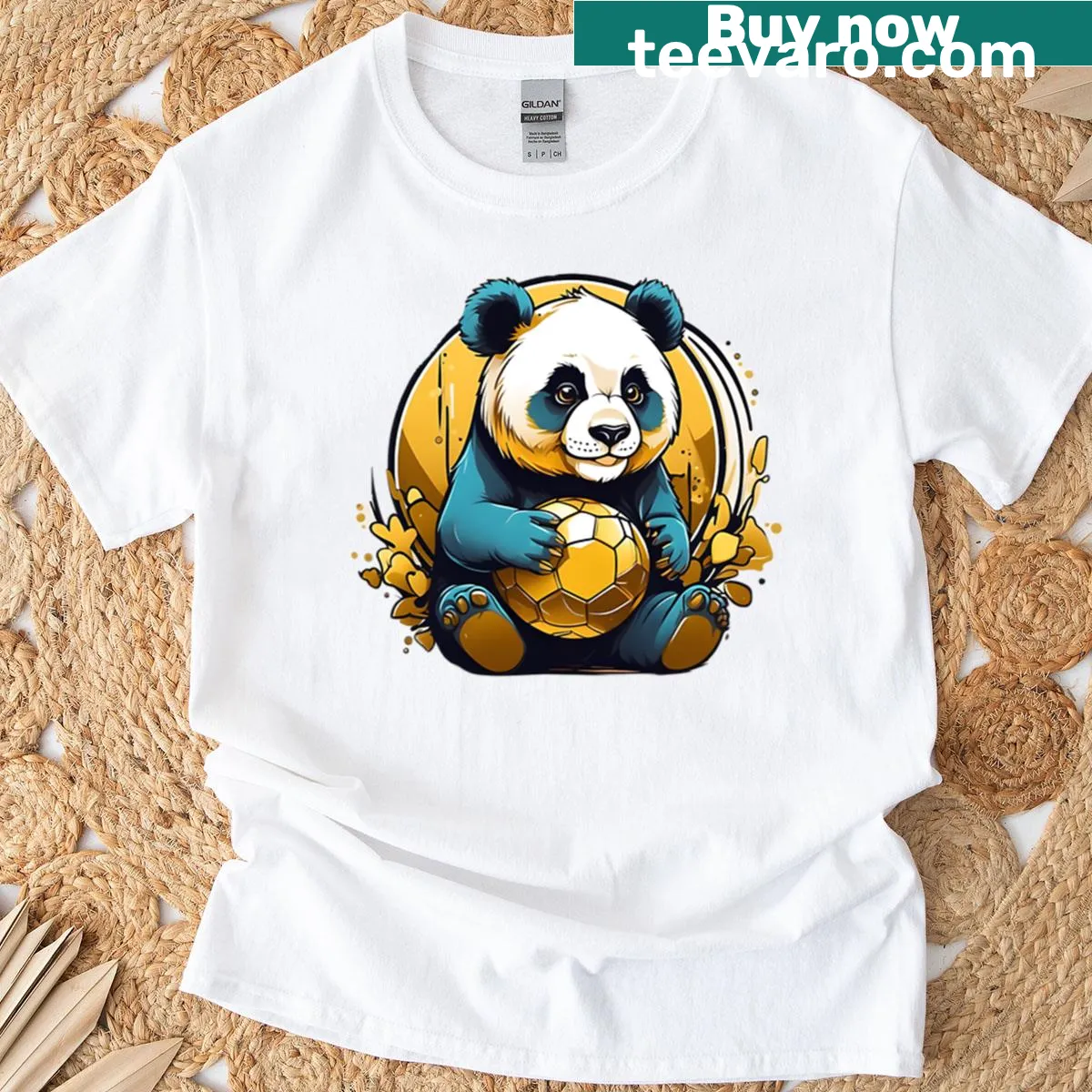 Cute panda graphic T-shirt with a golden ball — on a men's t-shirt