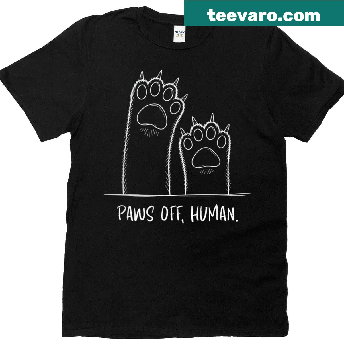 Cute cat paws design with 'Paws Off Human' text for cat lovers — on a men's t-shirt