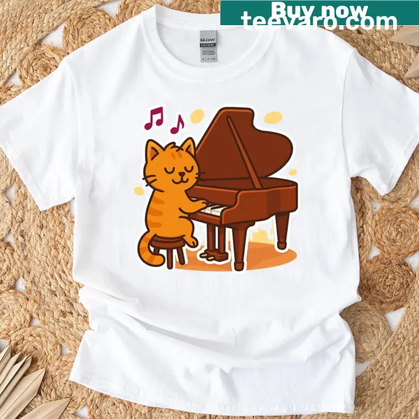 Cute orange cat playing the piano in a whimsical design.