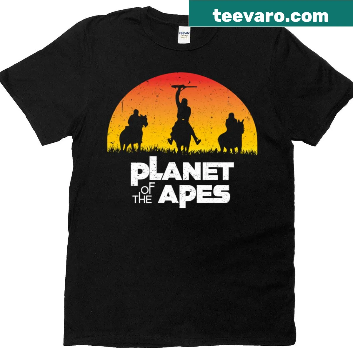 Planet Of The Apes T-shirt featuring a sunset scene and iconic imagery. — on a men's t-shirt