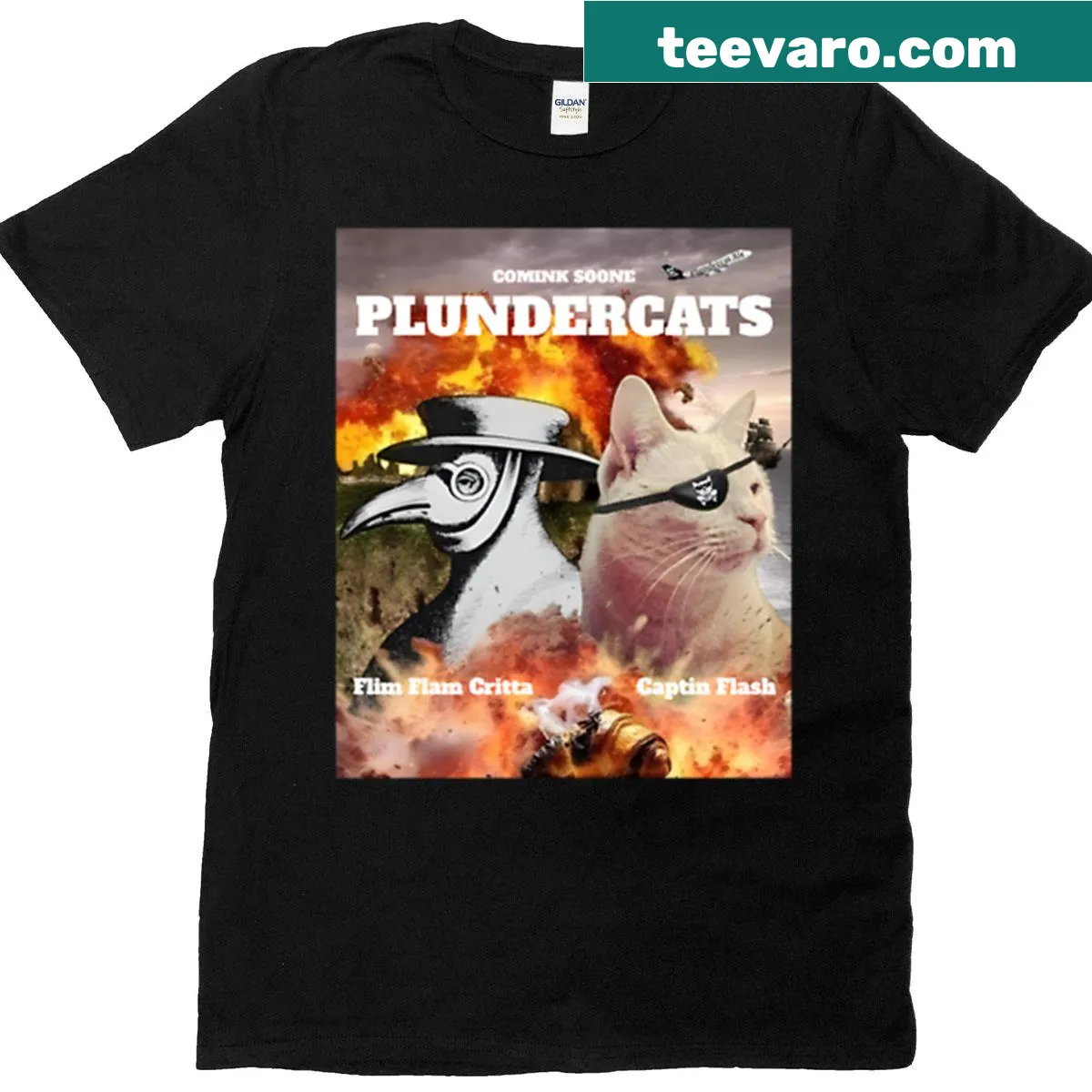 Funny T-shirt featuring a parody of Plundercats movie — on a men's t-shirt