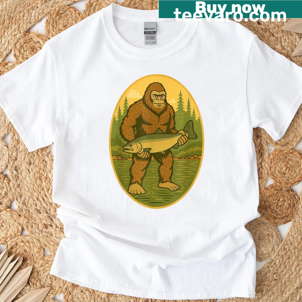 PNW Steelhead Fishing T-shirt with Sasquatch design — on a men's t-shirt