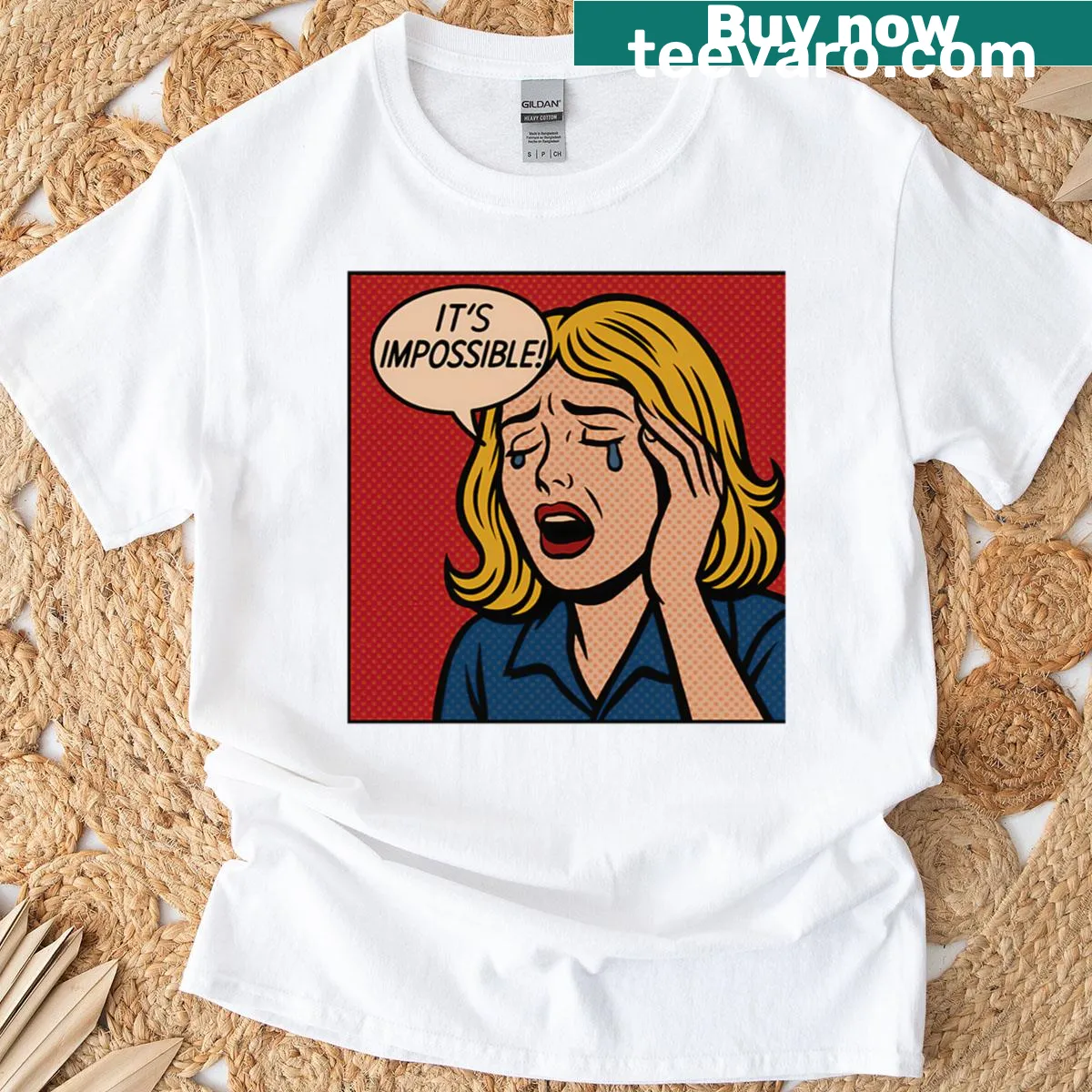 Pop art comic style shirt with emotional expression graphics — on a men's t-shirt