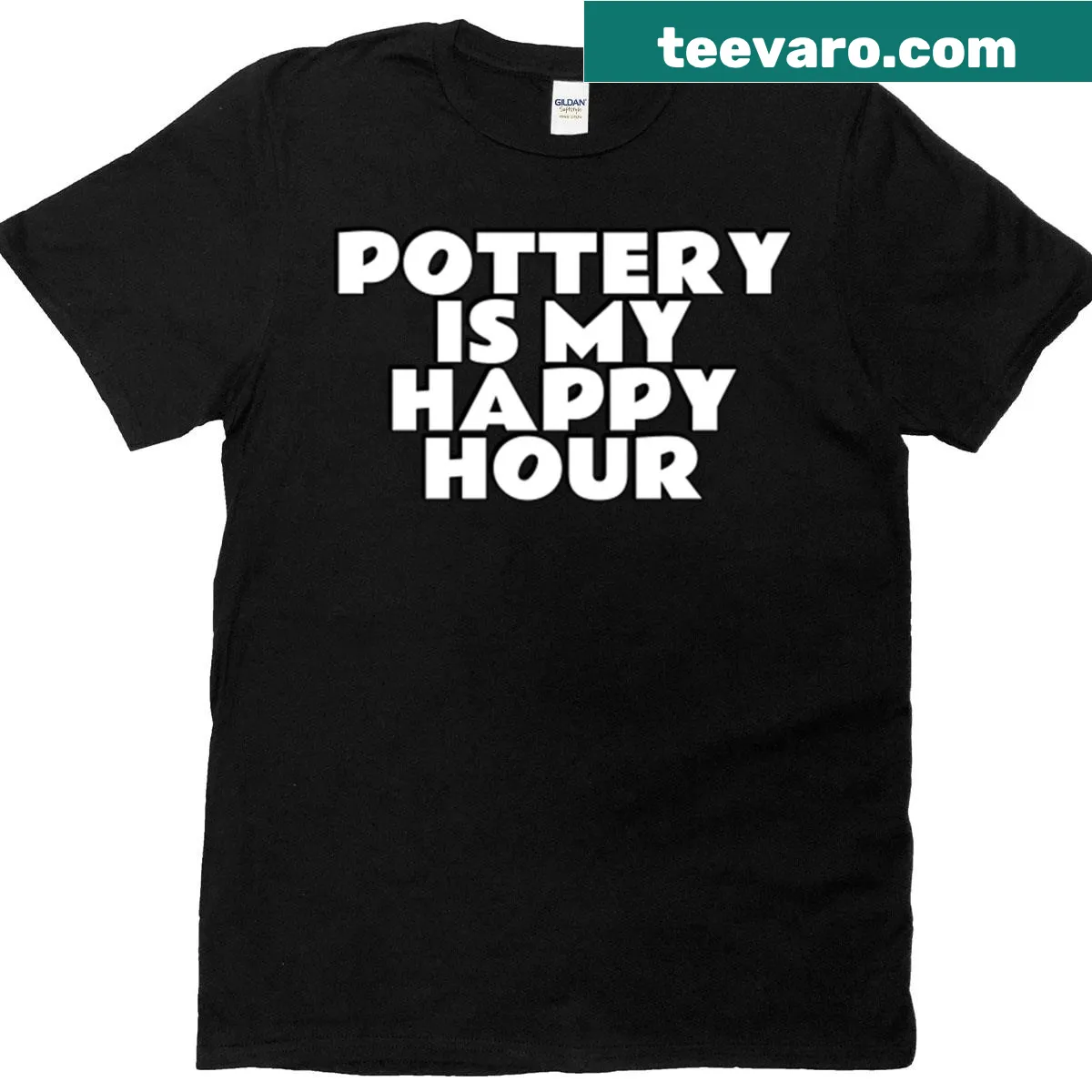 T-shirt featuring 'Pottery Is My Happy Hour' text — on a men's t-shirt