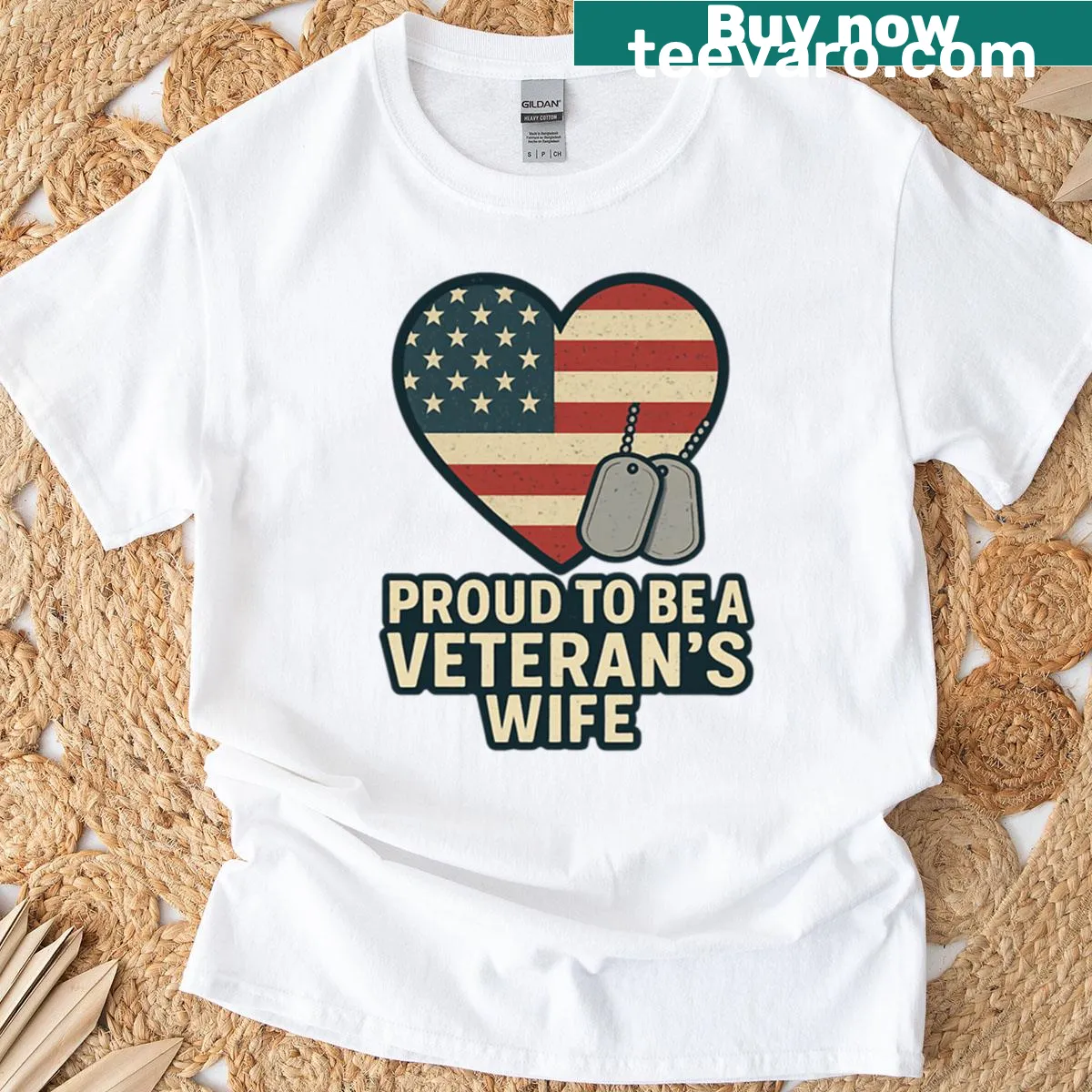 T-shirt with the phrase 'Proud Veterans Wife' and heart flag design — on a men's t-shirt