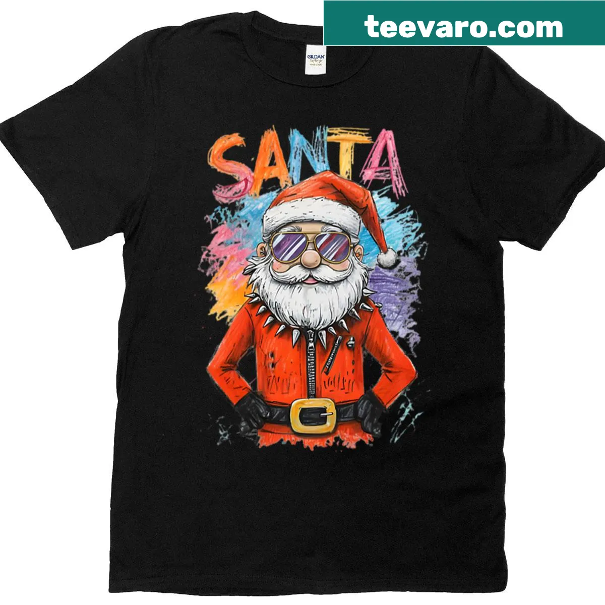 Punk rock Santa Claus with studs and sunglasses illustration — on a men's t-shirt
