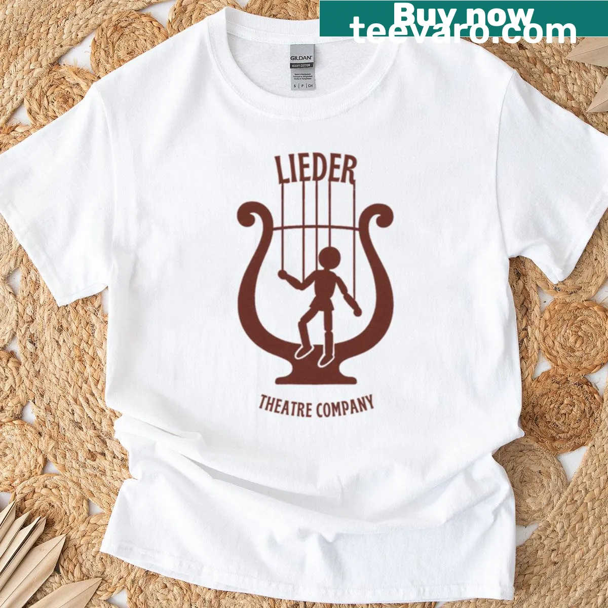 Puppet Lyre logo printed on a brown T-shirt — on a men's t-shirt