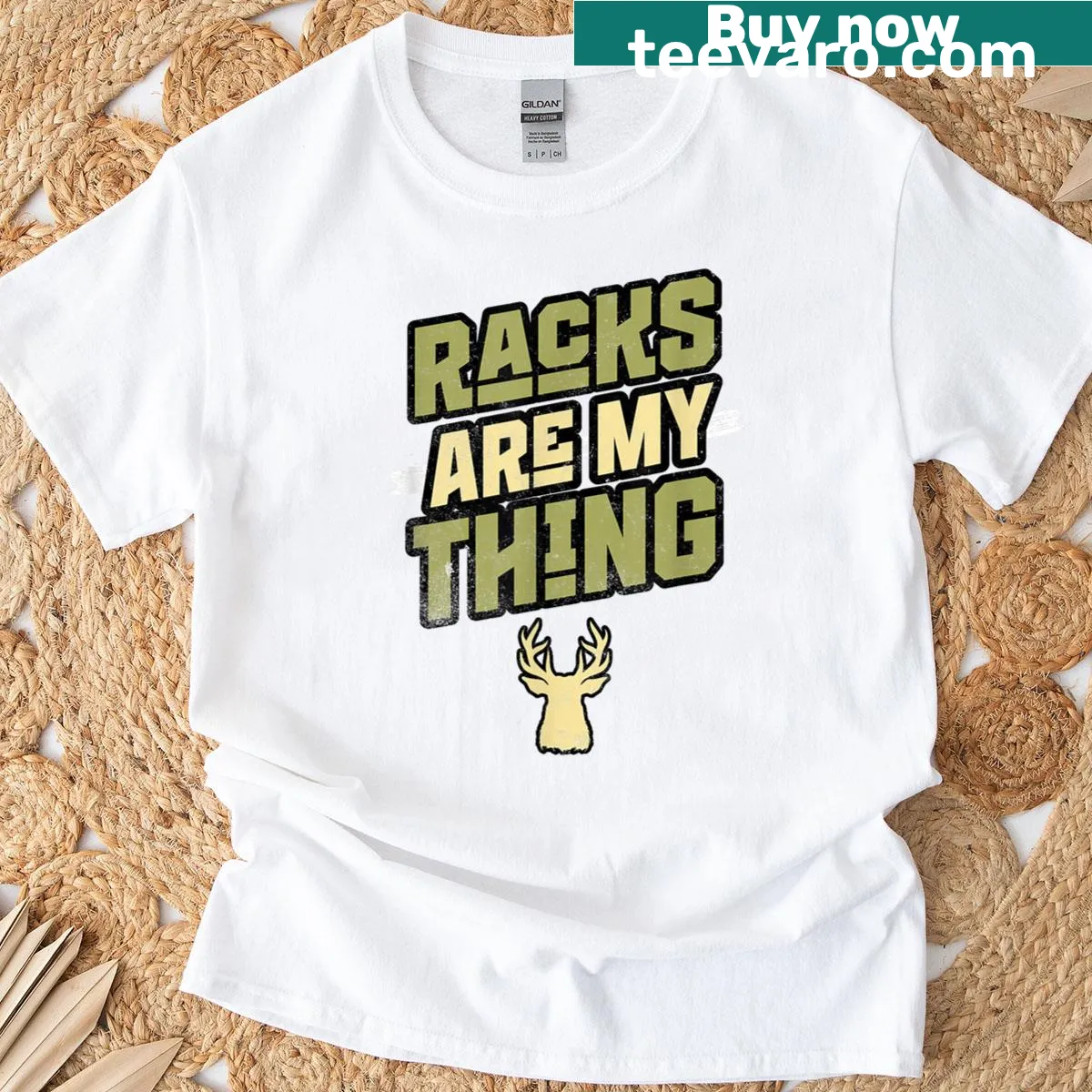 Humorous t-shirt featuring a cartoon buck deer and the phrase 'Racks Are My Thing' — on a men's t-shirt
