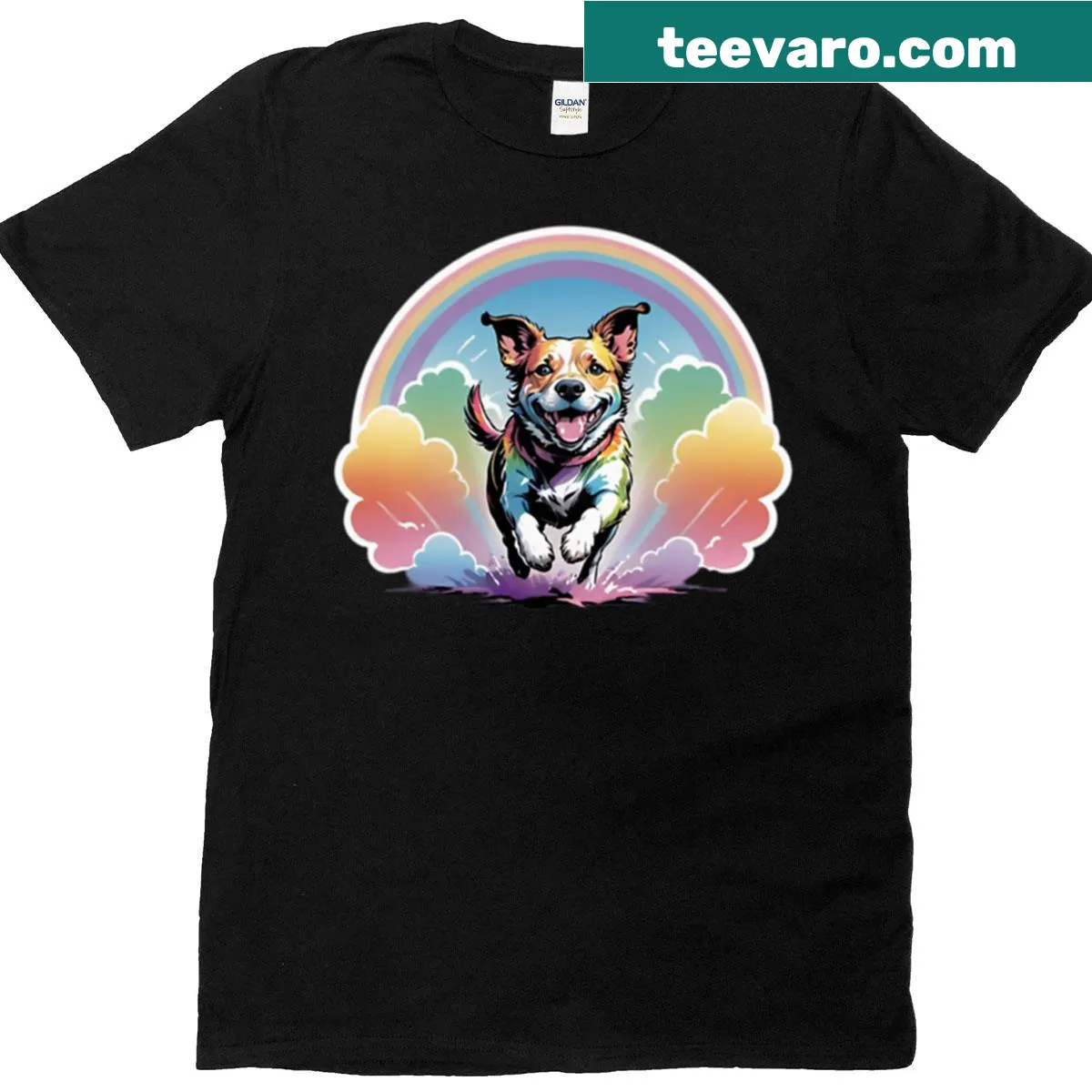 Colorful 'Good Energy Only' dog-themed T-shirt — on a men's t-shirt