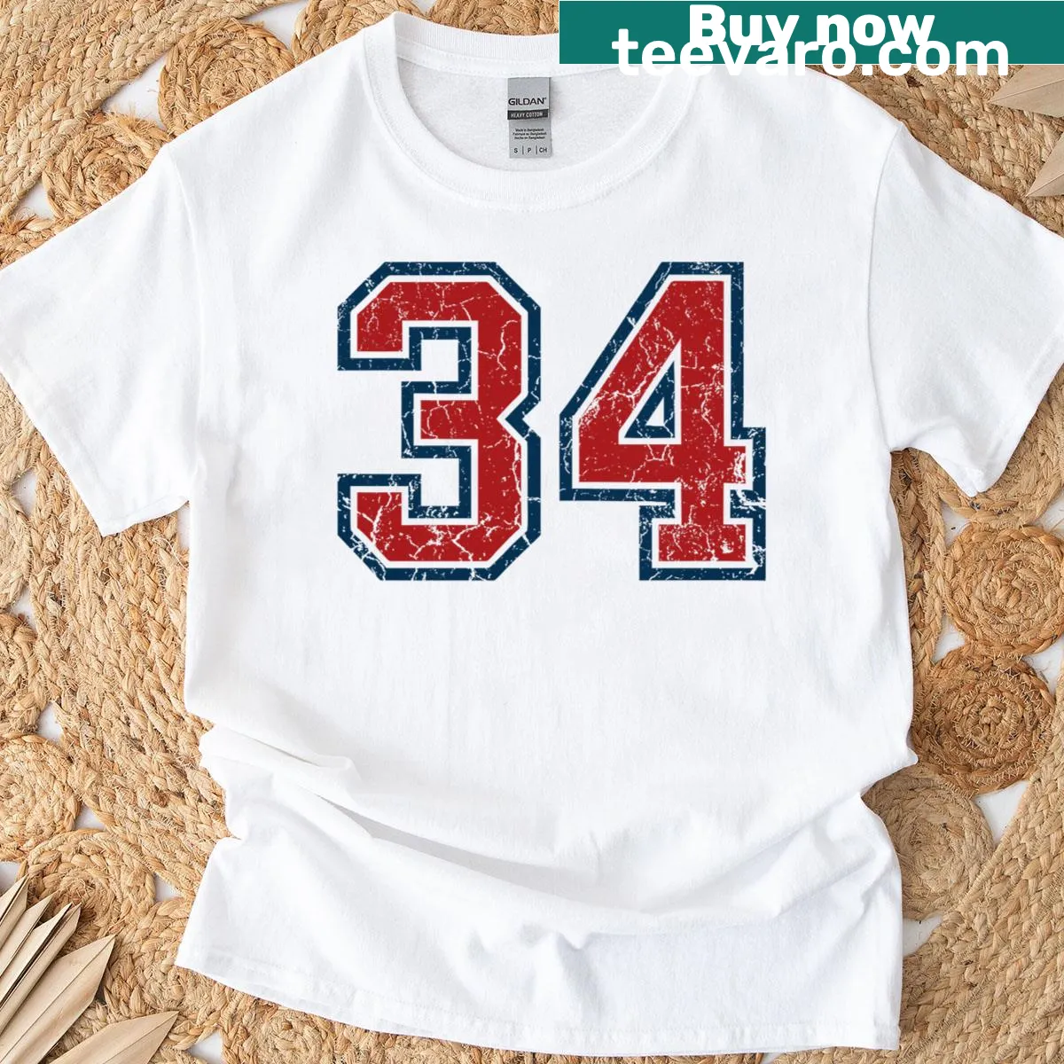 Red And Blue Sports Number 34 jersey t-shirt with bold typography — on a men's t-shirt