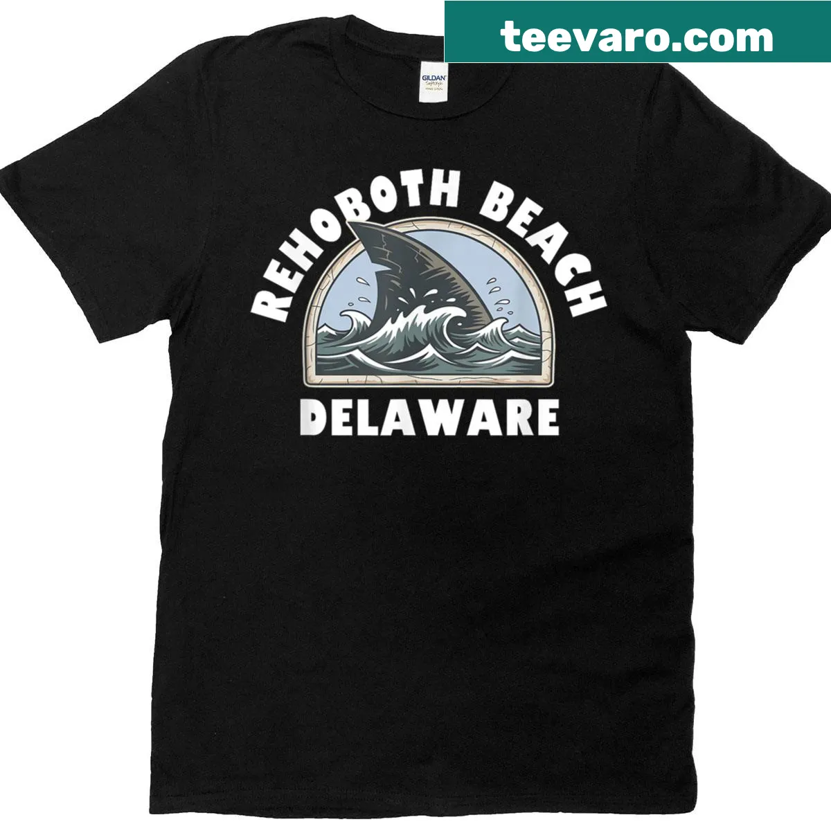 Rehoboth Beach T-shirt featuring a shark fin illustration — on a men's t-shirt