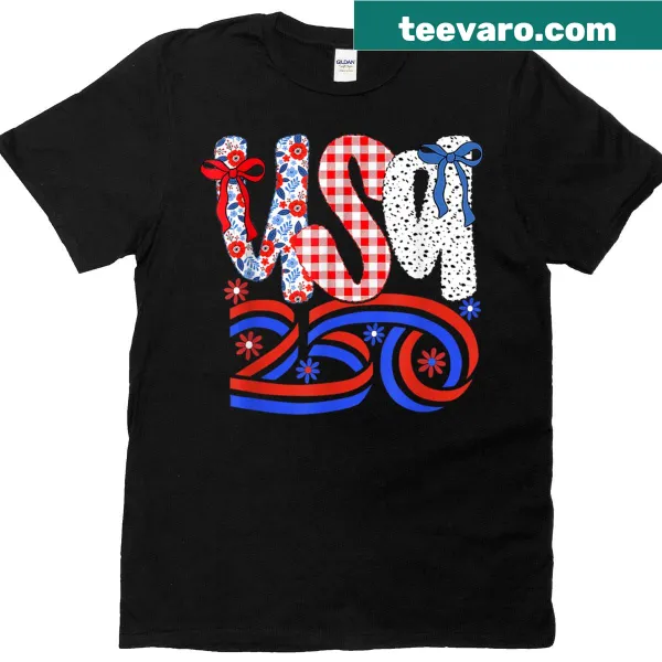 Vintage-style t-shirt with American flag and bow design for July 4th