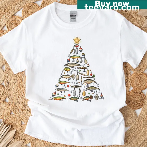Retro fishing-themed Christmas T-shirt with ocean design