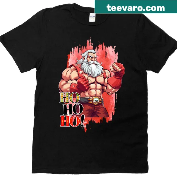 Funny Ripped Santa Claus T-shirt featuring a cartoon strongman design.
