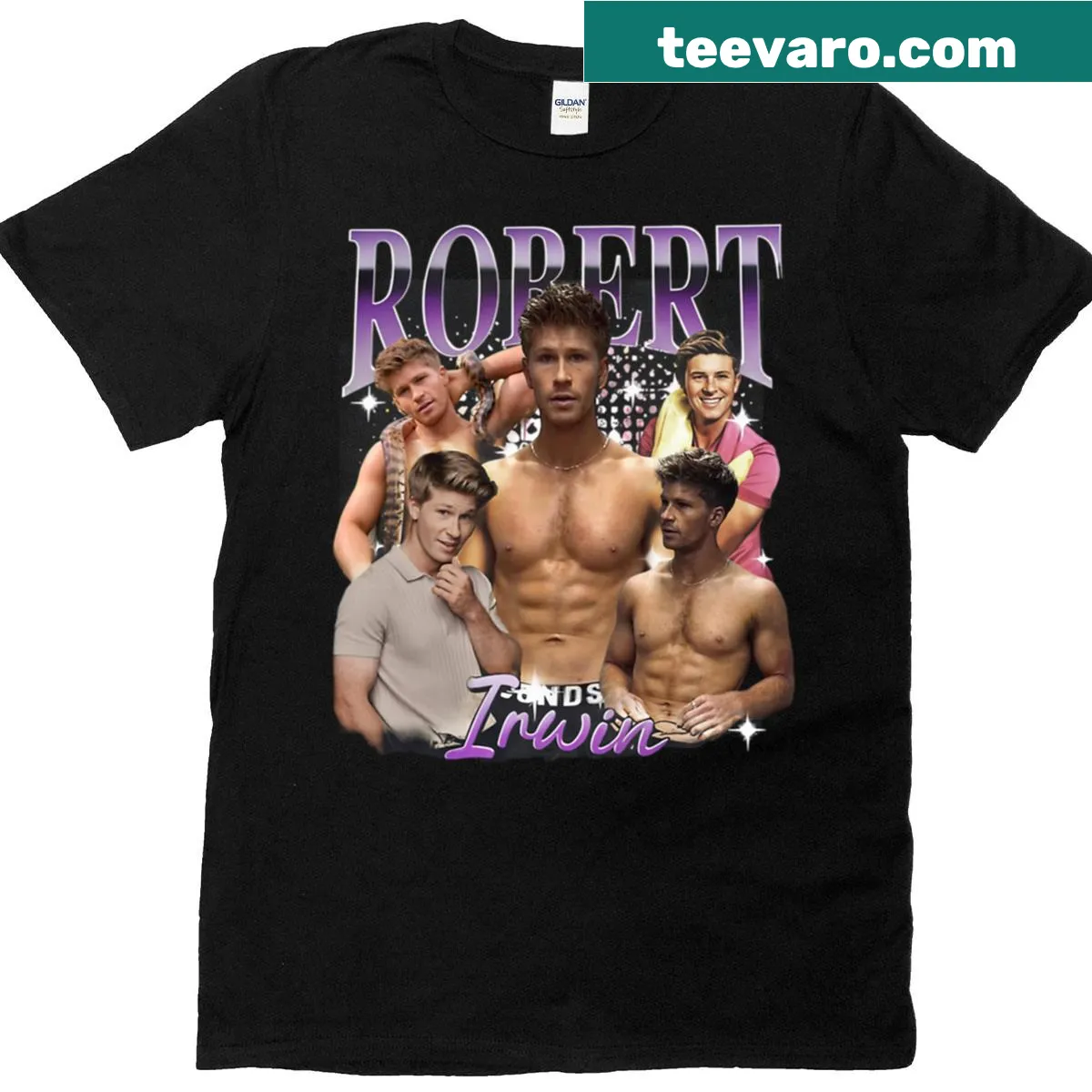 T-shirt featuring Robert Irwin's name — on a men's t-shirt