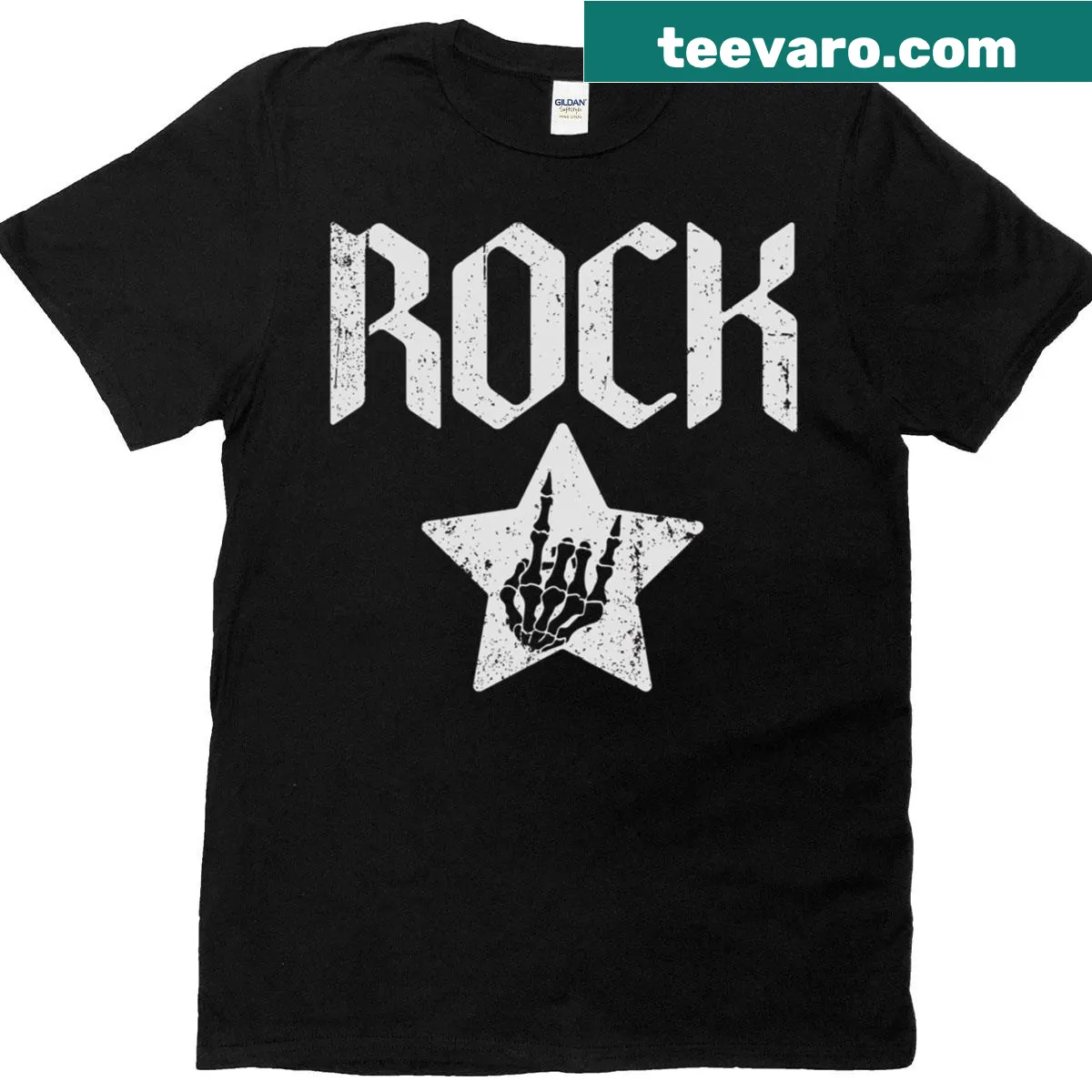 Vintage skeleton hand rock'n roll graphic T-shirt — on a men's t-shirt