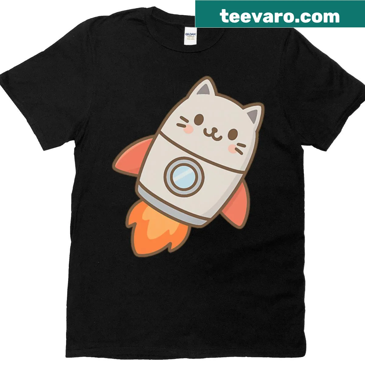 Cartoon rocket ship shaped like a cat on a T-shirt — on a men's t-shirt