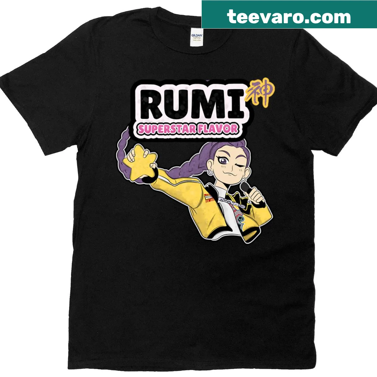 Cute cartoon t-shirt featuring ramen and K-pop characters — on a men's t-shirt