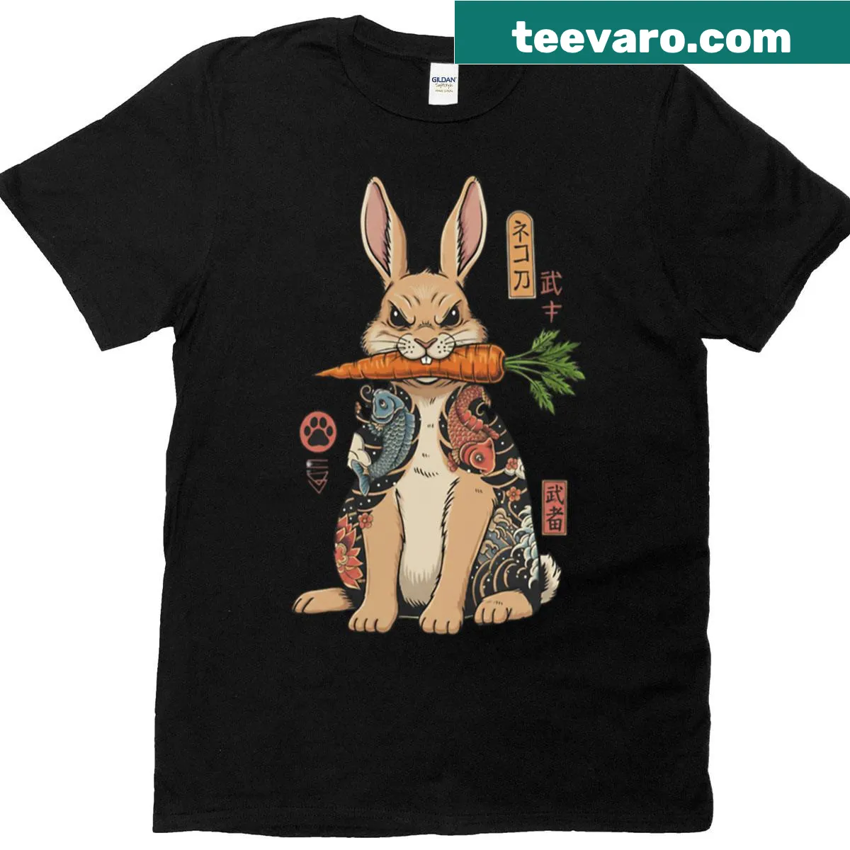 Illustrated t-shirt featuring a samurai rabbit with a carrot — on a men's t-shirt