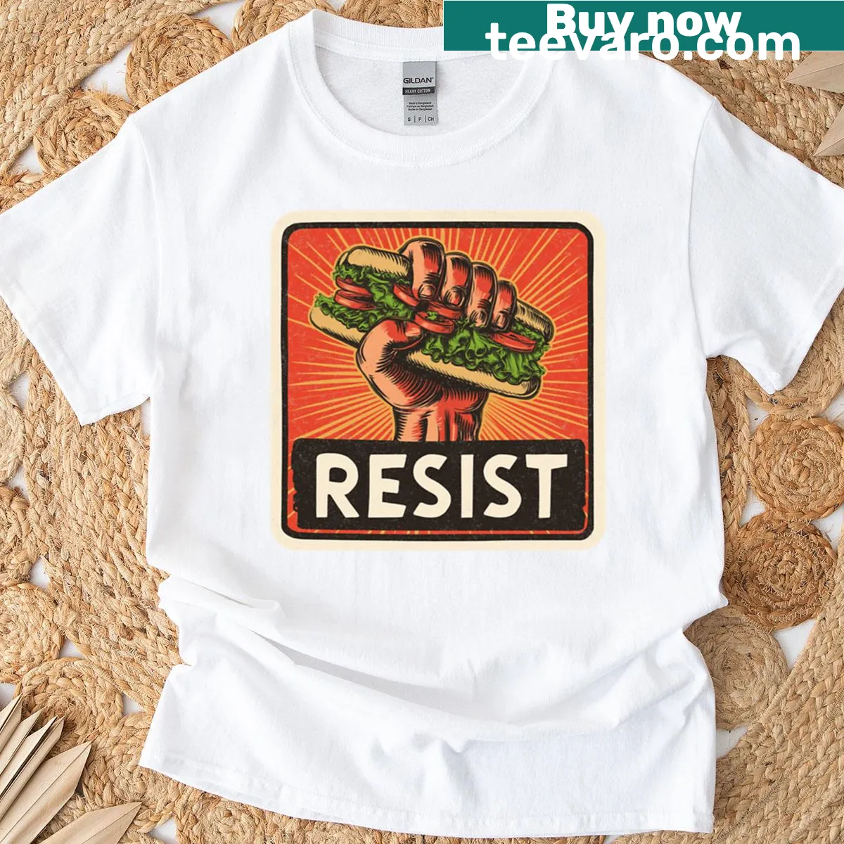 Retro protest sandwich-themed graphic T-shirt — on a men's t-shirt