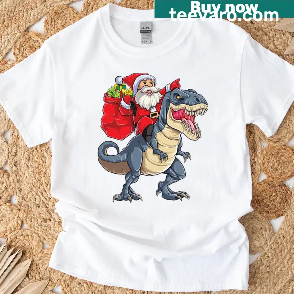 Santa Claus riding a T-Rex dinosaur for Christmas