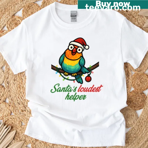Cute Christmas t-shirt featuring Santa's loudest helper parrot