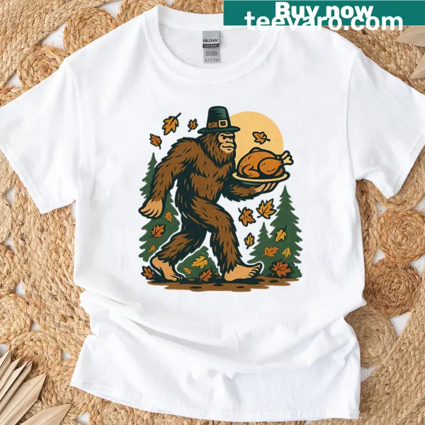 Whimsical Sasquatch in pilgrim attire on a holiday t-shirt