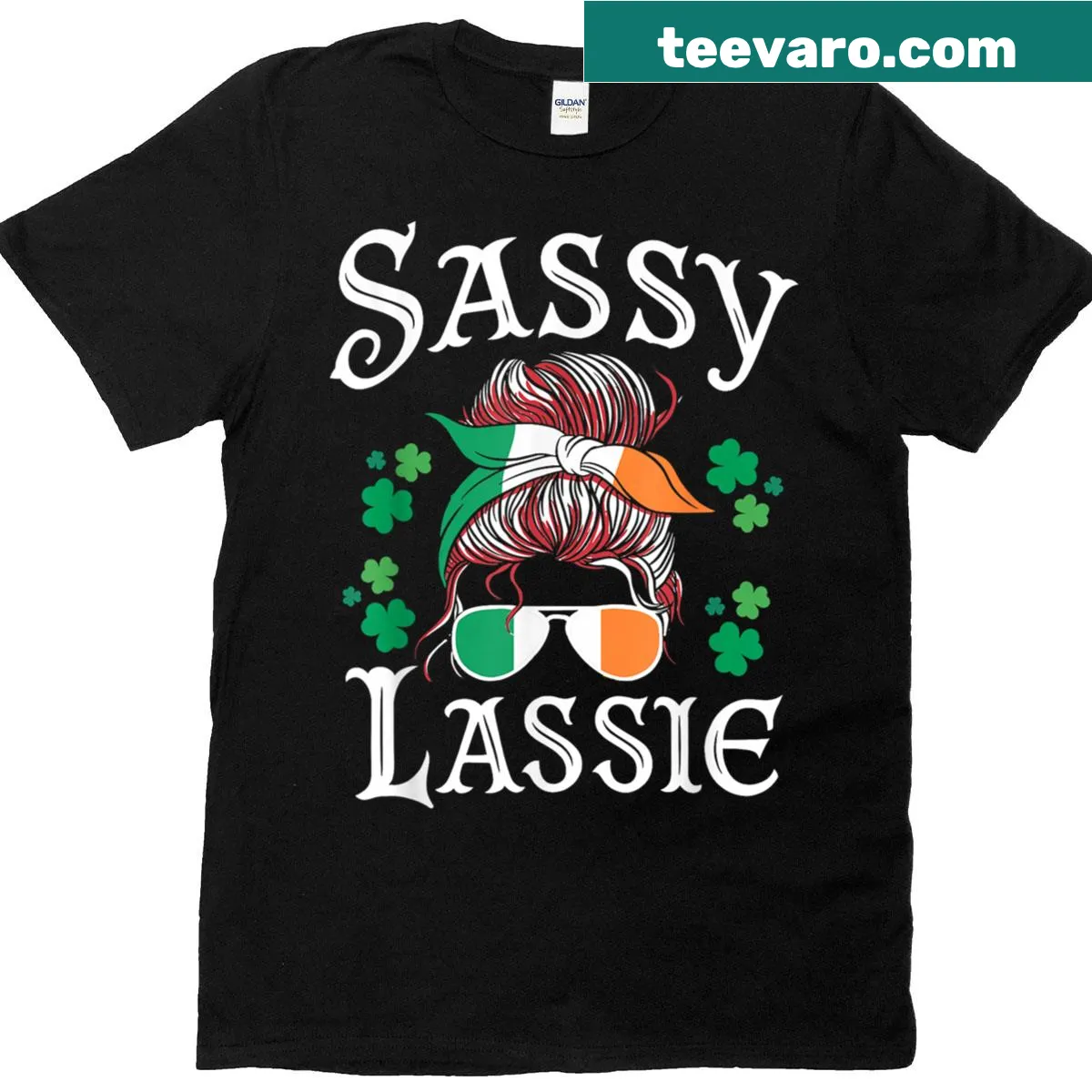 Cartoon T-shirt with a shamrock and 'Sassy Lassie' text for St. Patrick's Day — on a men's t-shirt